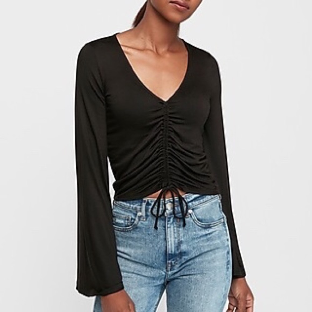 EXPRESS-Black Cinched Front Bell Sleeve Top
